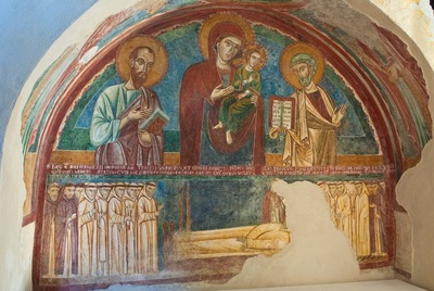 Affresco del 1200 raffigurante il funerale di Malgerio Sorel, in basso a sinistra è raffigurato, secondo qualche storico, Pietro da Morrone, il futuro papa Celestino V.